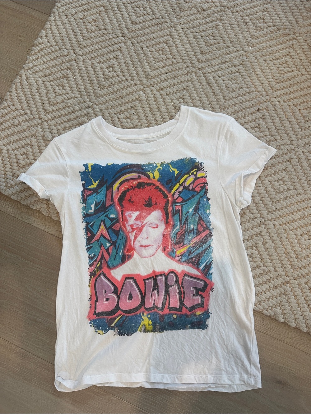 Recycled Karma White Bowie Graphic Tee with Pink & Blue Print